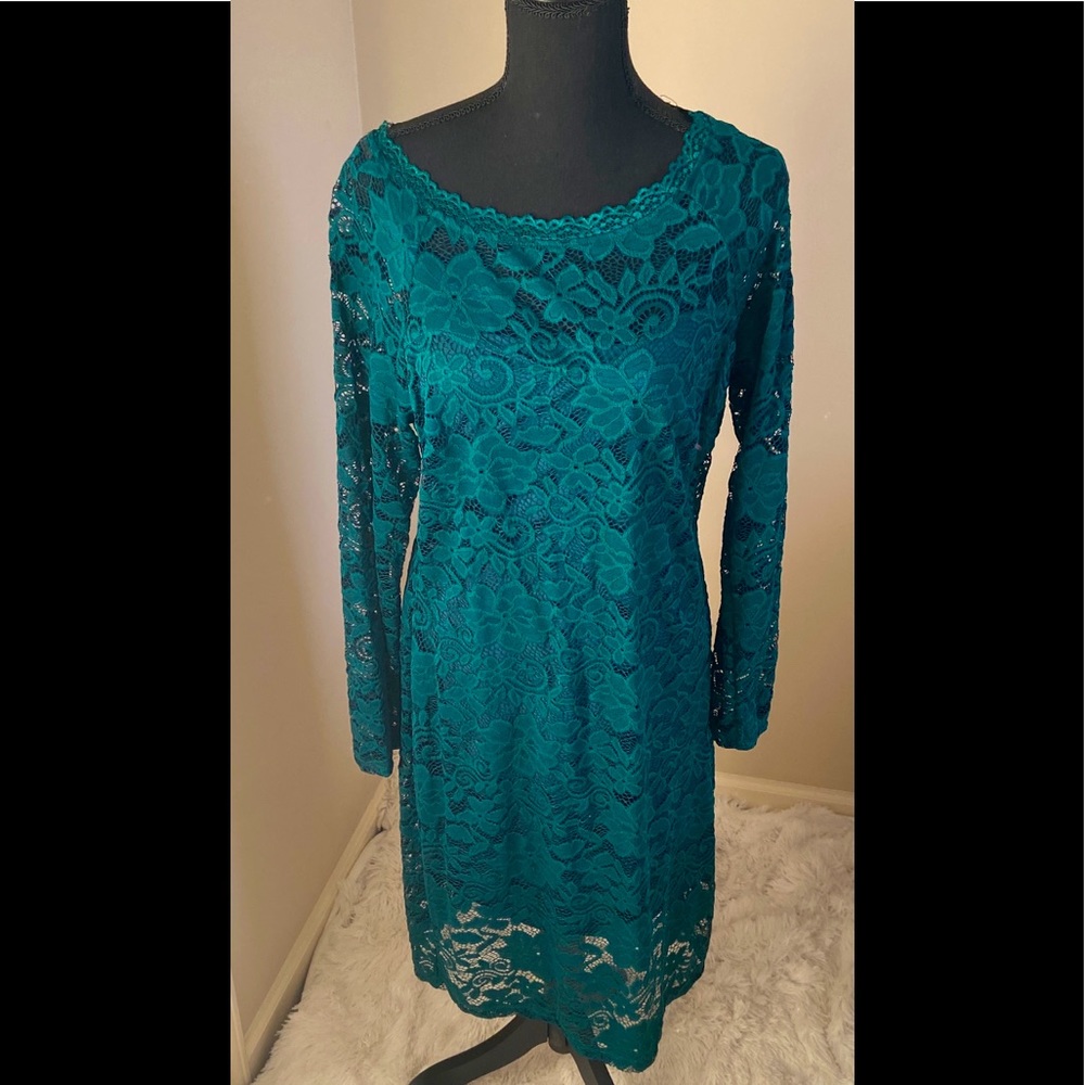 Dark teal lace mid length dress